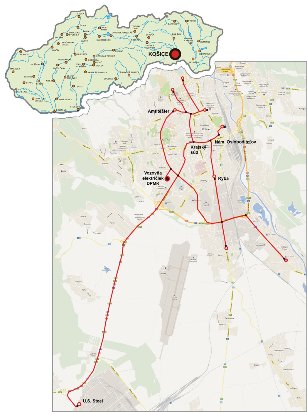 mapa údržbovej základne električiek v Košiciach