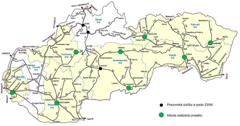 Mapa umiestnenia blackboxov a pracovísk údržby a opráv ZSSK