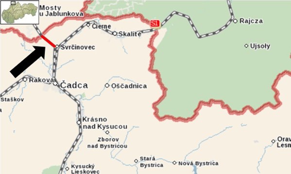 Mapa modernizovanej trate zo Svrčinovca do Českej republiky