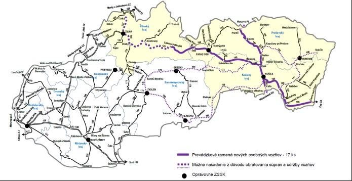 Mapka železničných tratí pre nové vozne Lokalizácia železničných tratí pre nové vozne