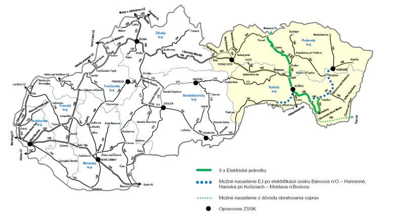 Mapa železničných tratí na východe Slovenska, kde budú nasadené nové vlaky